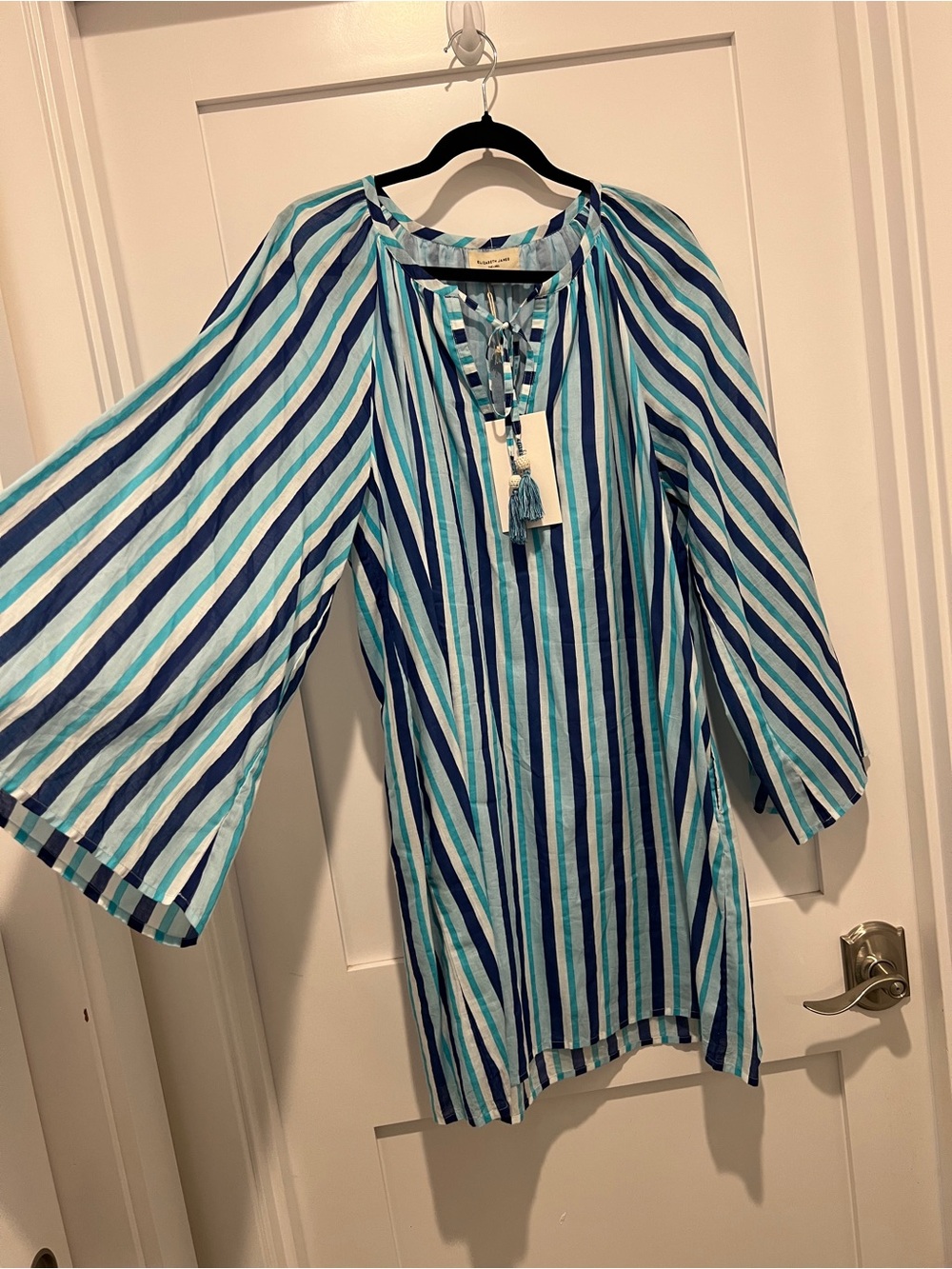 Elizabeth James the Label XL caftan kaftan Blue, Teal & White Striped Mini Dress